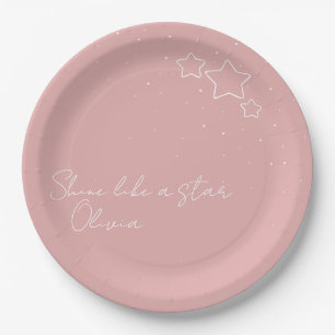 Star Trio in Rosa und Weiß mit Nachricht und Name Pappteller