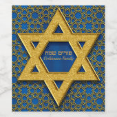 Star von David Blue Gold Hebrew Happy Purim Weinetikett (Einzelnes Label)