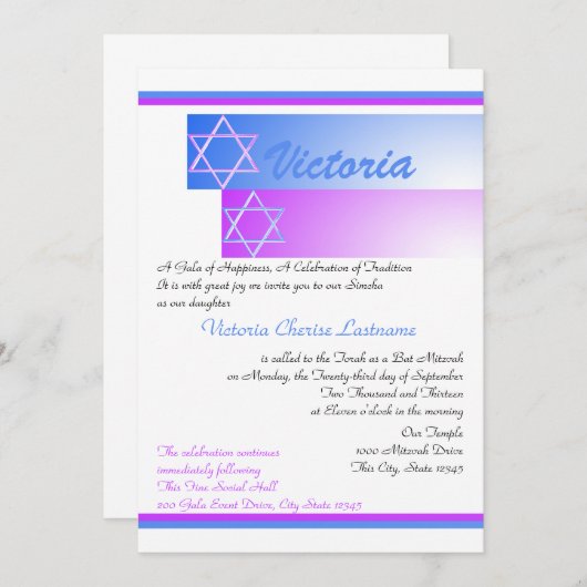 Star von David Gradient Blue Lila Mitzvah Einladung (Vorne/Hinten)