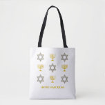 Star von David Menorah HANUKKAH Tasche<br><div class="desc">Moderne HAPPY HANUKKAH Tasche mit KUNSTBAR Text, mit den Imitaten Gold und Silber STAR OF DAVID und MENORAH. Text liest HAPPY HANUKKAH mit einem Platzhalter und ist KUNSTBAR, sodass Sie ihn PERSONALISIEREN können, indem Sie Ihren Namen oder einen anderen Text hinzufügen. Ideal für hanukkah Feiern, und mit der Anpassung kann...</div>