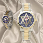 Star von David mit Cross Watch Armbanduhr<br><div class="desc">Gold Star von David mit doppeltem Kreuz auf marineblau Hintergrund.</div>