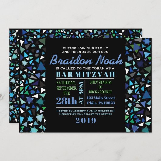 STAR WALL Bar Bat Mitzvah Einladung in Schwarz (Vorne/Hinten)