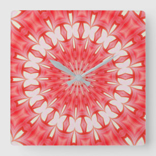 Star White and Red Butterfly Motif Mandala Quadratische Wanduhr