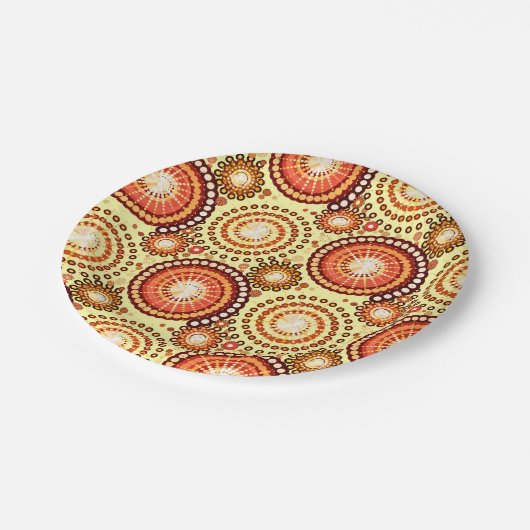 Starbursten und Felgen, braun und gelb Pappteller (Schrägansicht)