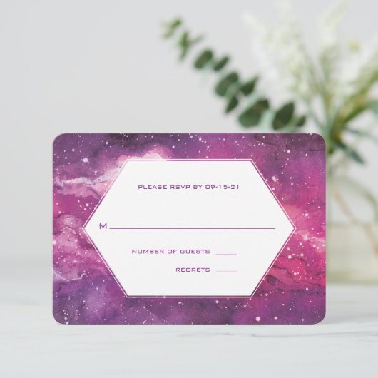 Stardust Cosmic Pink Wedding RSVP Karte (Stehend Vorderseite)