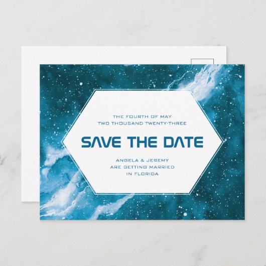 Stardust Cosmic Save the Date Aquamarin Postkarte (Vorne/Hinten)