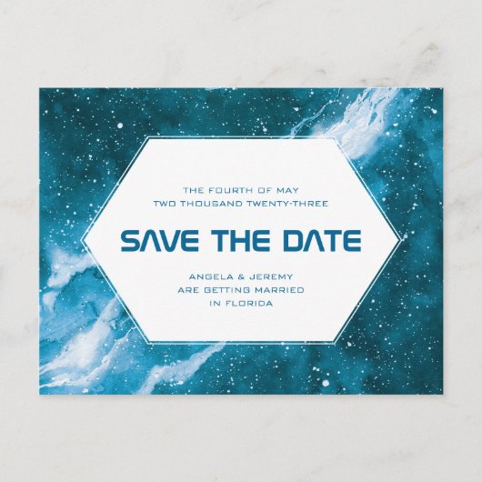 Stardust Cosmic Save the Date Aquamarin Postkarte (Vorderseite)