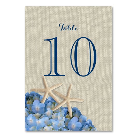 Starfish and Blue Hydrangea Tischnummer Card (Vorderseite)
