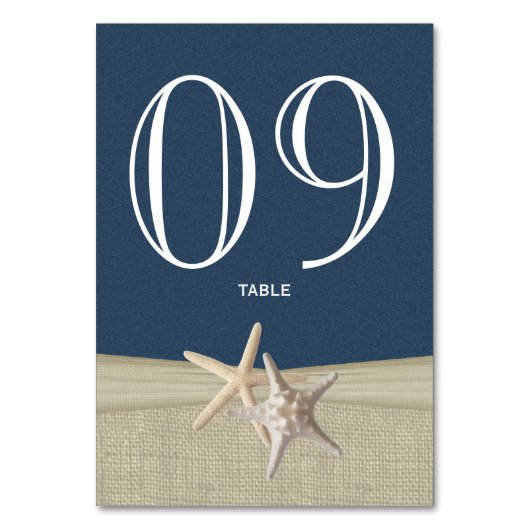 Starfish and Burlap Navy Blue Tischnummer Card (Vorderseite)