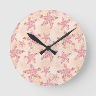 Starfish and Coral Pink Pastel Pattern Runde Wanduhr