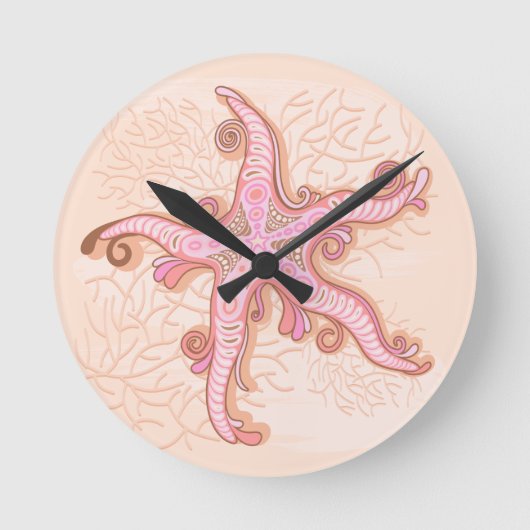 Starfish and Coral Pink Pastel Pattern Runde Wanduhr (Vorderseite)