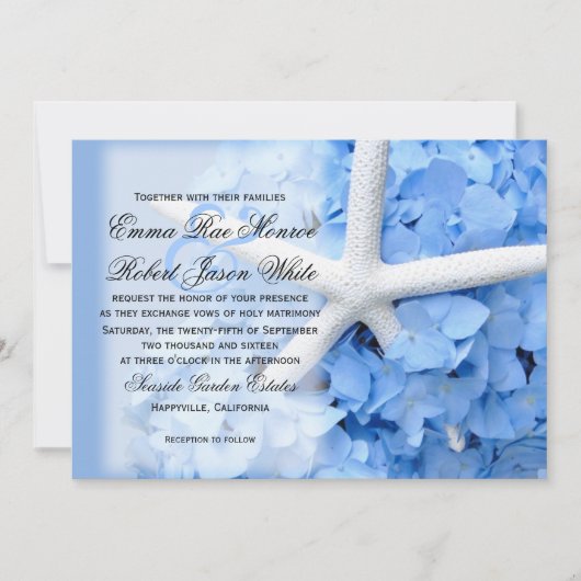 Starfish and Hydrangea Tropical Blue Wedding Einladung (Vorderseite)