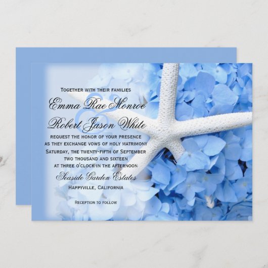 Starfish and Hydrangea Tropical Blue Wedding Einladung (Vorne/Hinten)