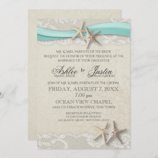 Starfish and Lace Beach Aqua Wedding Einladung (Vorne/Hinten)
