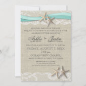Starfish and Lace Rustic Beach Aqua Wedding Einladung (Vorderseite)