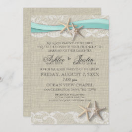 Starfish and Lace Rustic Beach Aqua Wedding Einladung