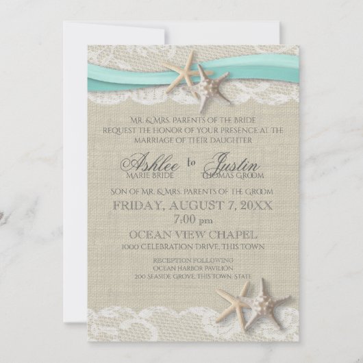 Starfish and Lace Rustic Beach Aqua Wedding Einladung (Vorderseite)