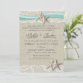 Starfish and Lace Rustic Beach Aqua Wedding Einladung (Stehend Vorderseite)