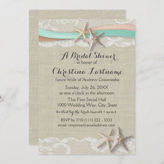 Starfish and Ribbon Peach and Mint Brautparty Einladung (Vorne/Hinten)