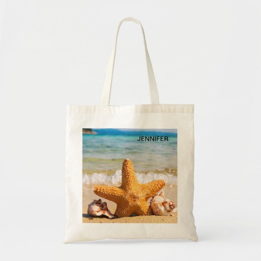 Starfish and Seashells am Strand Personalisiert Tragetasche (Vorne)