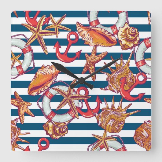 Starfish And Stripes Pattern Quadratische Wanduhr (Vorderseite)