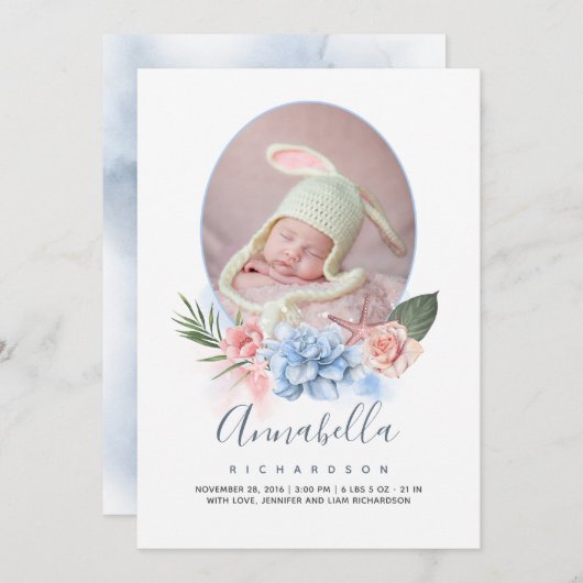 Starfish and Tropical Beach Flora Foto Baby Birth Ankündigung (Vorne/Hinten)