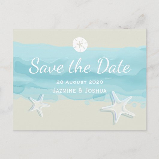 Starfish, Aquarellstrand /Save the Date Ankündigungspostkarte (Vorderseite)