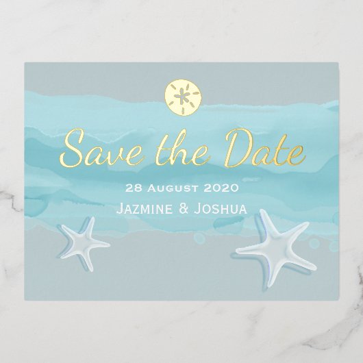 Starfish, Aquarellstrand /Save the Date Folie Einladungspostkarte (Vorderseite)