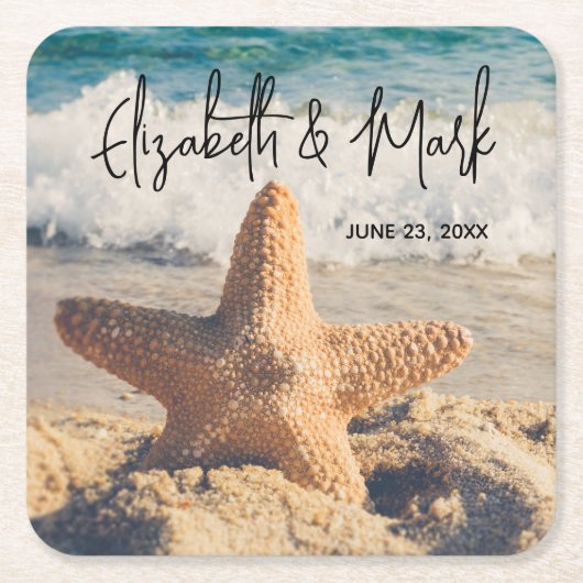 Starfish auf einer Hochzeit mit Sandy Beach Rechteckiger Pappuntersetzer (Vorderseite)