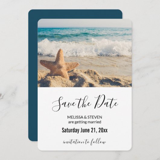 Starfish auf einer Hochzeit mit Sandy Beach Save The Date (Vorne/Hinten)