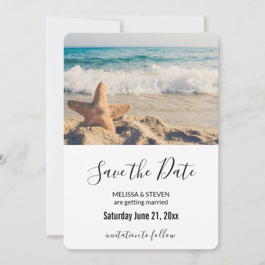 Starfish auf einer Hochzeit mit Sandy Beach Save The Date (Vorderseite)