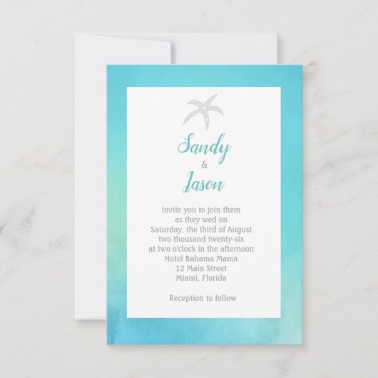 Starfish Beach Aqua Blue Wedding Einladung (Vorderseite)