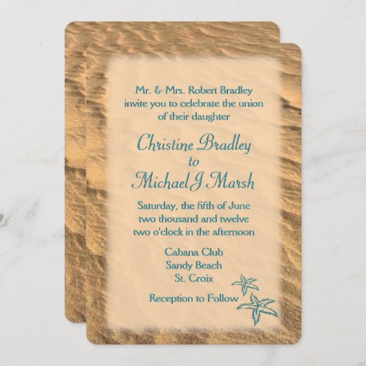 Starfish Beach Aquamarin und Sand Wedding Einladung (Vorne/Hinten)
