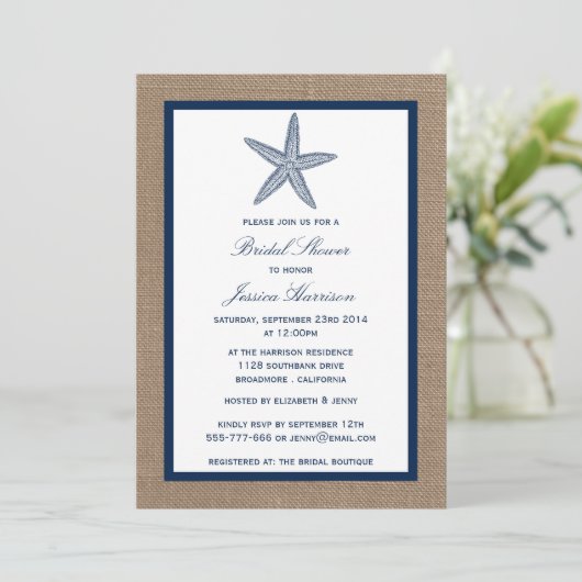Starfish Beach Burlap-Brautparty Einladung (Stehend Vorderseite)