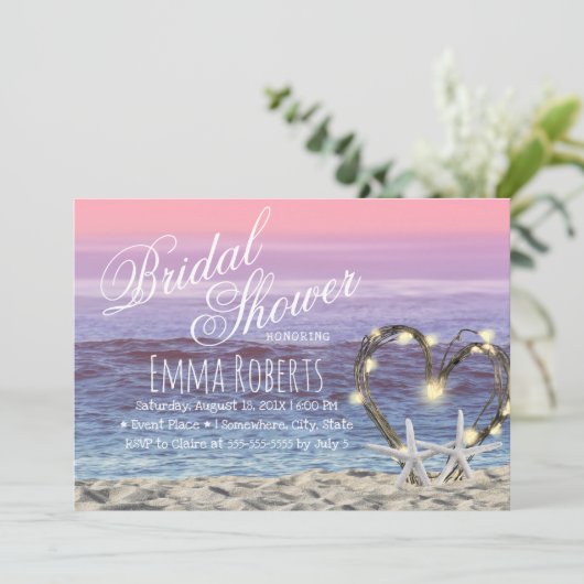 Starfish Beach Heart String Lights Brautparty Einladung (Stehend Vorderseite)