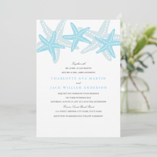 Starfish Beach Hochzeit Einladung Blue (Stehend Vorderseite)