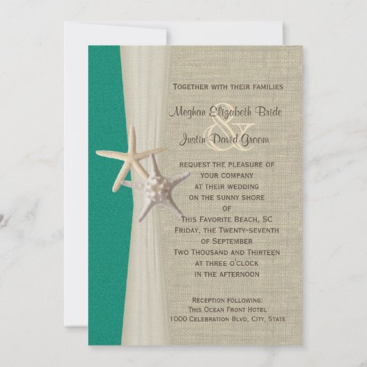 Starfish Beach Hochzeitsmeer Grün Einladung (Rückseite)