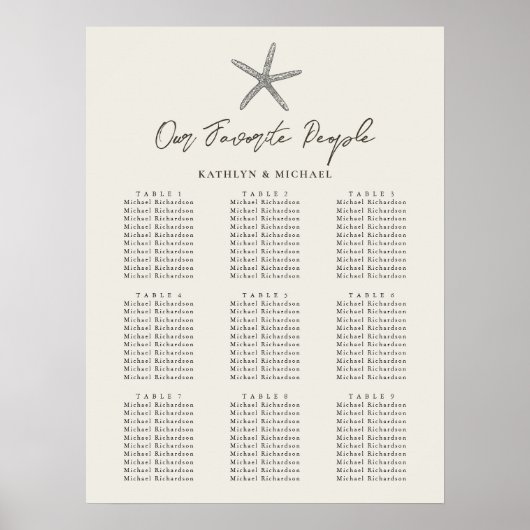 Starfish Beach Ocean Wedding 9 Table Seating Chart Poster (Vorne)