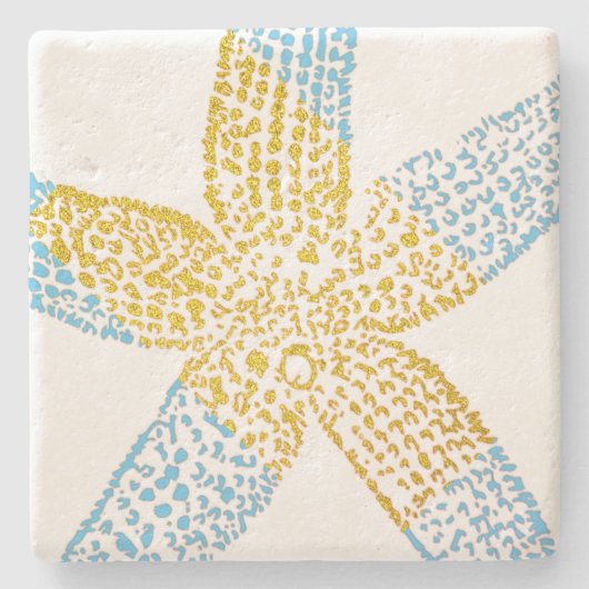 Starfish Beach Sky Blue Glittery Gold White Niedli Steinuntersetzer (Vorderseite)