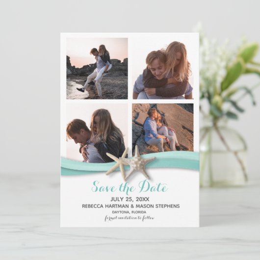 Starfish Beach Wedding Multi Foto Save The Date (Stehend Vorderseite)