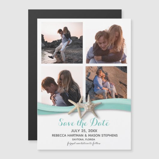 Starfish Beach Wedding Multi Foto Save the Date Magneteinladung (Vorne/Hinten)