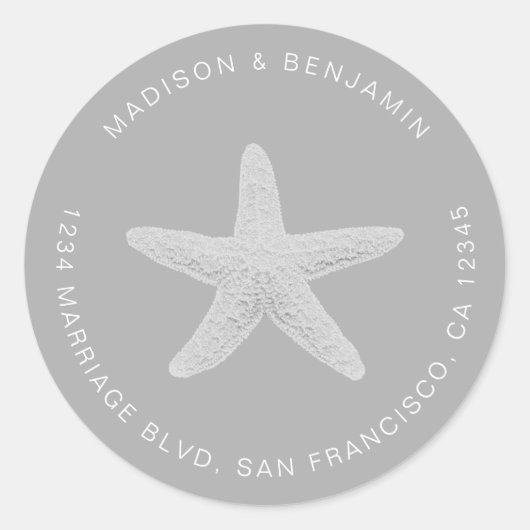 Starfish Beach Wedding Rücksendeadresse Gray Runder Aufkleber (Vorderseite)