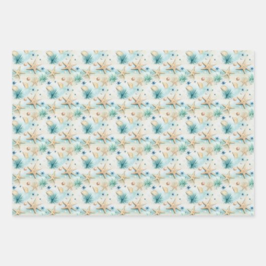 Starfish blau beigefarbenes grünes Aquarell nahtlo Geschenkpapier Set (Vorderseite 3)