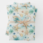 Starfish blau beigefarbenes grünes Aquarell nahtlo Geschenkpapier Set (Beispiel)