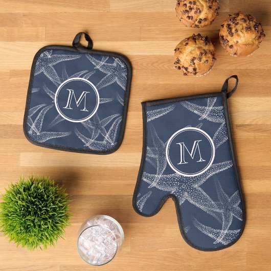 Starfish Blue Monogram Beach Potholder Set