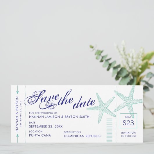 Starfish Boarding Pass Beach Save the Date Karte (Stehend Vorderseite)