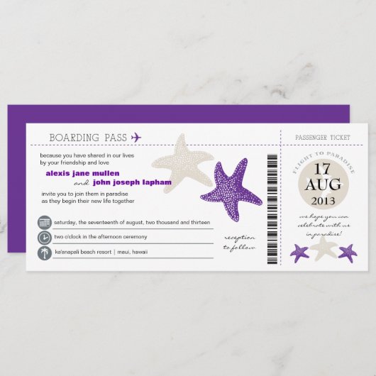 Starfish Boarding Pass Hochzeit Einladung (Vorne/Hinten)