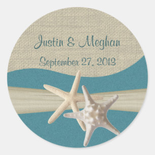 Starfish & Burlap Aquamarin Beach Runder Aufkleber