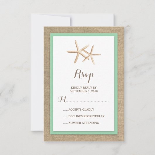 Starfish Burlap Beach Tropical Wedding RSVP Karte (Vorderseite)