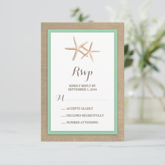 Starfish Burlap Beach Tropical Wedding RSVP Karte (Stehend Vorderseite)